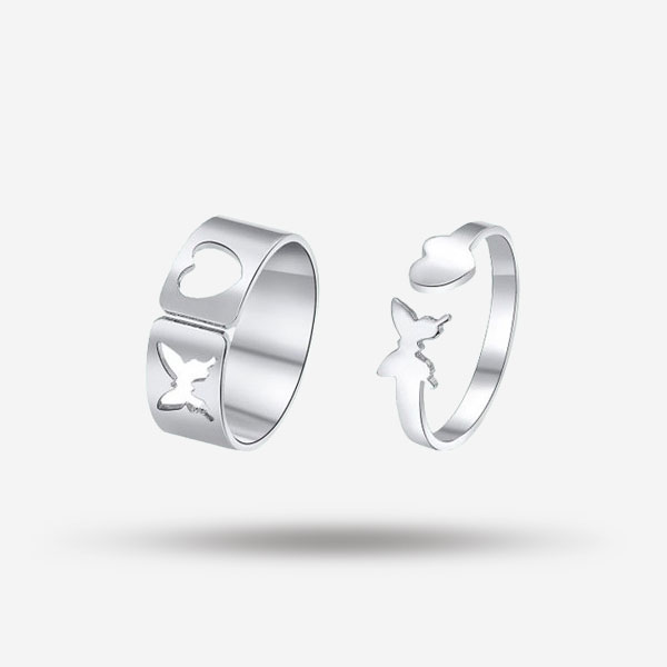 2Pcs Heart Butterfly Silver Adjustable Rings for Women & Men 