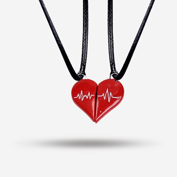 2Pcs Red Heartbeat Magnetic Heart Pendant Necklaces For Men & Women