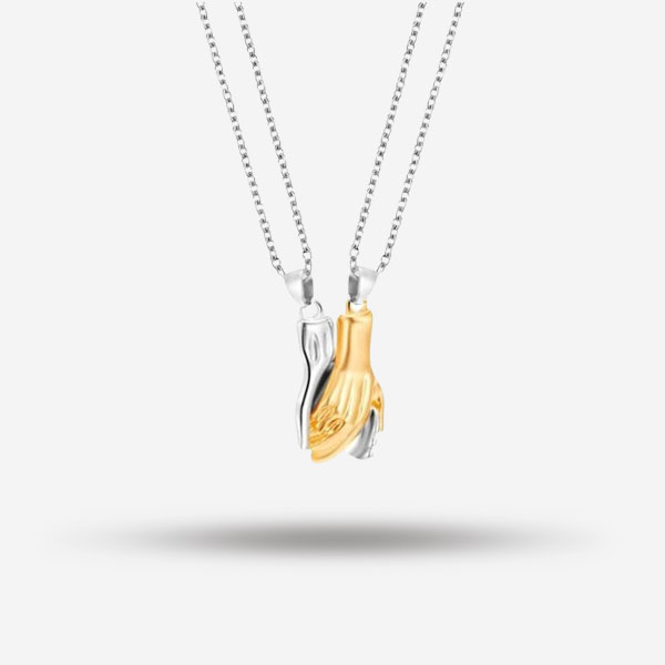 Silver and Gold Holding Hand Magnetic Pendant Necklace For Couples